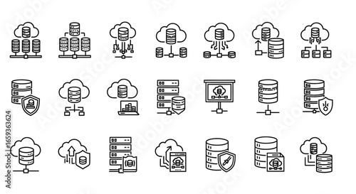 A collection of black line art icons representing database server cloud computing and network architecture concepts.