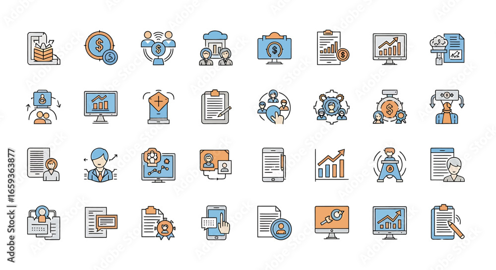 Fototapeta premium Colorful Outline Icon Set for Business Finance and Corporate Themes.