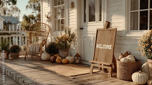 Welcoming Halloween decor with blank mockup sign and autumn elements on a cozy front porch