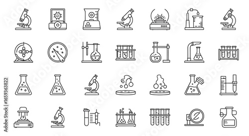 A collection of scientific laboratory equipment icons including microscopes and glassware rendered in a clean minimalist black outline style.