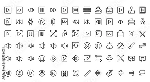 Vector media player control icons set with thin line style for UI and UX design.