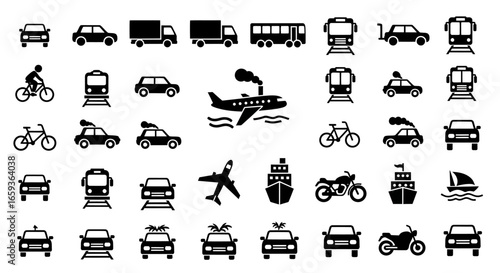 Set of black solid glyph icons representing various modes of transportation and vehicles.