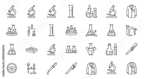 Collection of Line Art Scientific Icons: Microscopes Lab Coats Flasks and Pipettes.