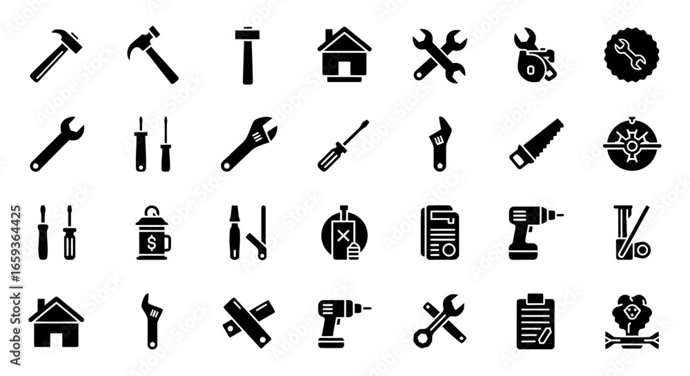 Obraz premium A collection of black glyph icons representing various construction repair and DIY tools.