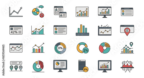 Colorful data analytics and statistics line icon set featuring graphs charts and diagrams for business reports.