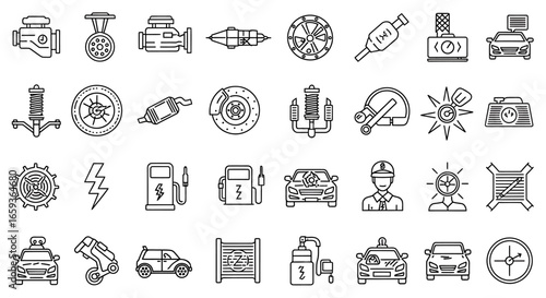 Automotive and Electric Car Service Outline Icon Set Including Engine Brakes and Charging Station.