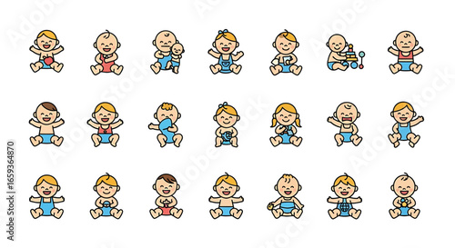 A diverse collection of cute cartoon baby icons showing various emotions poses and activities.