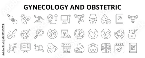 30 Gynecology and Obstetric Line Icons Vector - Pregnancy Test, Gynecological Chair, Ultrasound, Period Cycle, Contraception, Embryo, Egg Cell