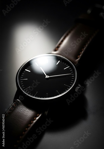 Wallpaper Mural Elegant Black Watch with Brown Leather Strap A Study in Simplicity and Refined Taste Showcasing Timeless Design Torontodigital.ca