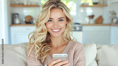 Joyous laughing beautiful young woman on her couch about the short message she just received from a friend