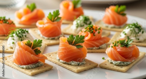 Salmon Appetizer Canape Platter - Cream Cheese, Crackers & Fresh Herbs