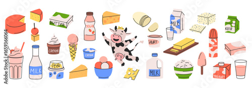 Dairy food. Cheese, yogurt in glass, butter. Protein rich product. Milk in bottle, cottage in box. Icon natural organic drink. Healthy nutrition. Vector garish cartoon flat style isolated illustration
