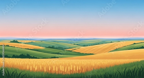 Rolling Fields at Dawn: Pastoral Landscape Illustration
