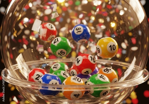Colorful Bingo Balls Falling Into Clear Glass Bowl with Confetti Background
