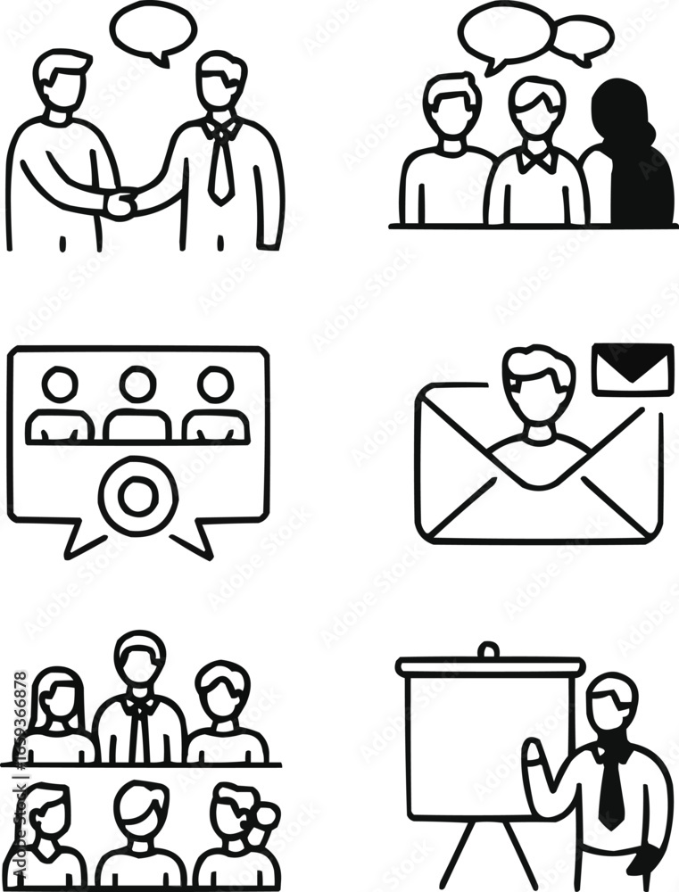 Fototapeta premium Corporate Communication Icon Pack Diverse People Interacting in Workspaces