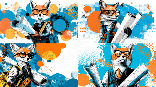 Stylized illustration of fox architects in glasses, holding blueprints with urban art elements, blending creativity, intelligence, and modern design.