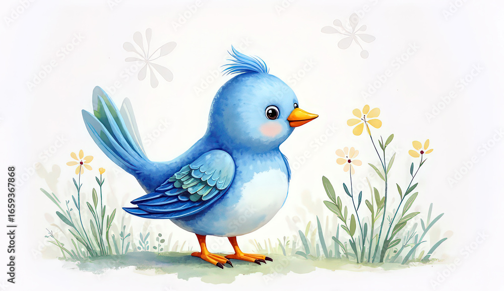 Fototapeta premium A charming cartoon bird character with bright colors, playful details, and an expressive, cheerful style. Designed with a cute and friendly appearance, this illustration is perfect for children’s book