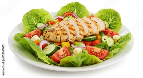 Gesunde H�hnchenbrust Salat frisch knackig leuchtend sonnig pr�sentiert. AI Generated