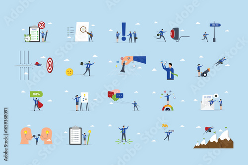 Business illustrations set. Collection of scenes with men and women taking part in business activities.