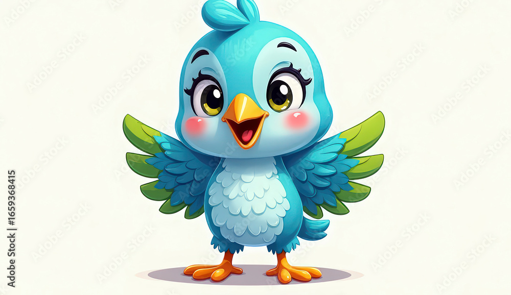 Fototapeta premium A charming cartoon bird character with bright colors, playful details, and an expressive, cheerful style. Designed with a cute and friendly appearance, this illustration is perfect for children’s book