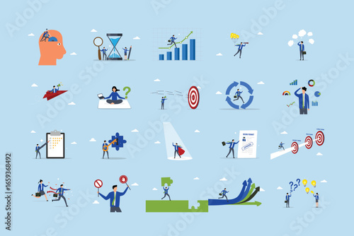 Business illustrations set. Collection of scenes with men and women taking part in business activities.