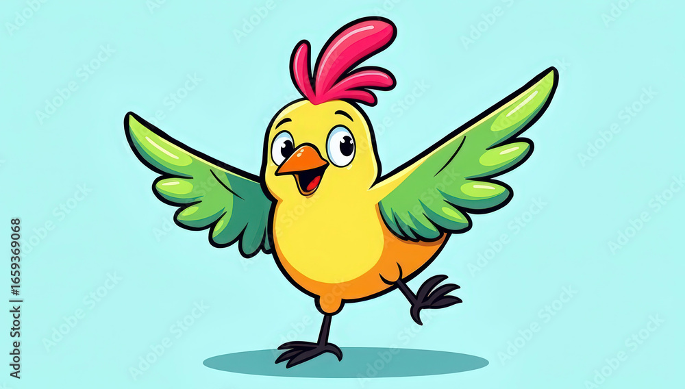 Obraz premium A charming cartoon bird character with bright colors, playful details, and an expressive, cheerful style. Designed with a cute and friendly appearance, this illustration is perfect for children’s book