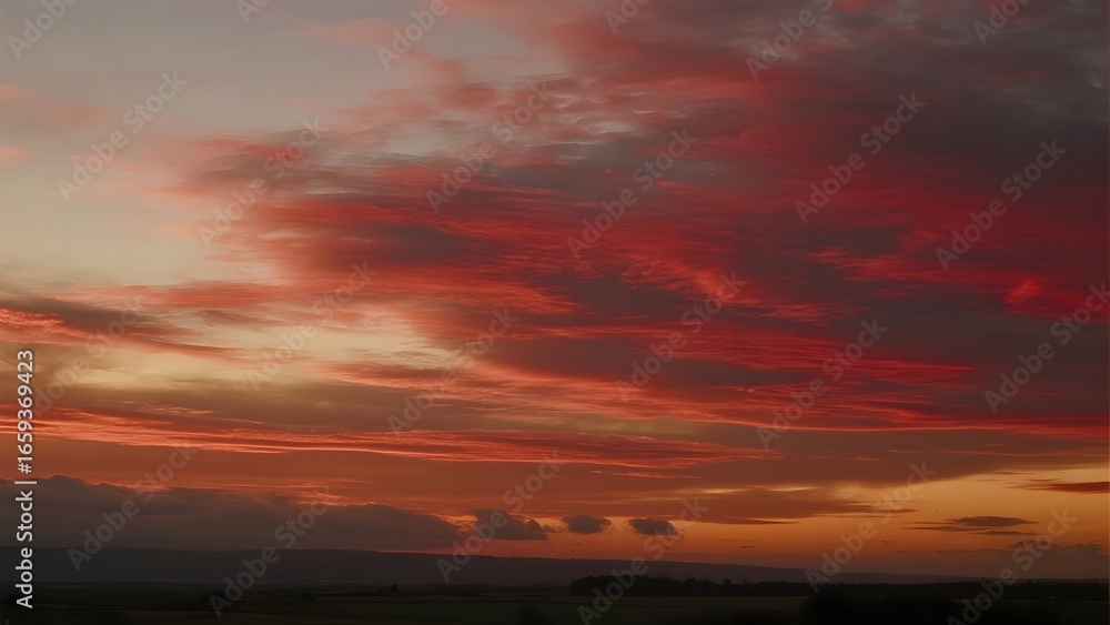 Obraz premium Vivid Sunset with Fiery Orange and Red Clouds Over a Distant Horizon