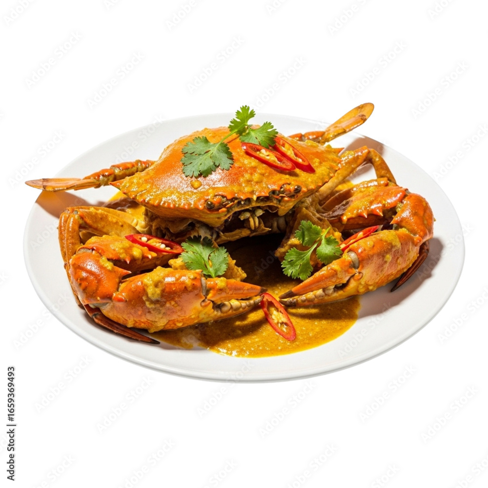 Dimly lit seafood dish featuring soft-shell crab and vegetables served on white plate Dimly lit seafood dish featuring soft-shell crab and vegetables served on white plate