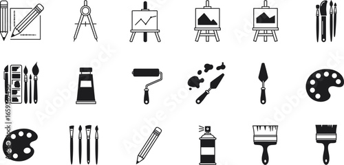 Art supplies collection, pencils, compass, paintbrushes, paint tubes, roller brush, palette knife, palette, easel, spray paint, creative tools, painting equipment, drawing materials