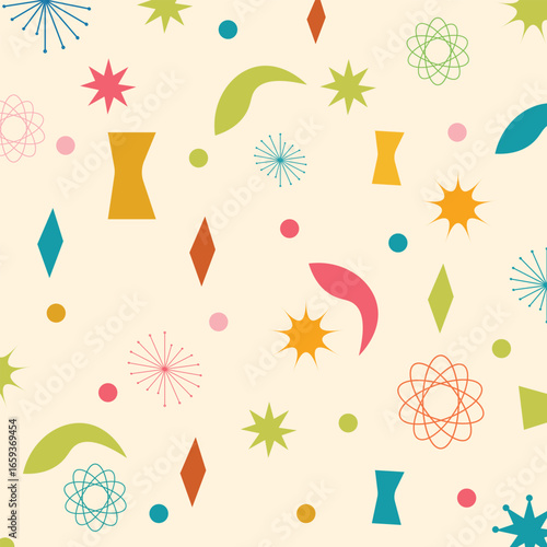 Mid Century Modern Boomerang seamless pattern with retro stars shape. For home decor, textile, wallpaper and fabric. 1950s vintage style atomic background.