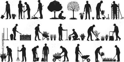 Gardening work silhouettes, people planting trees and flowers, garden maintenance, lawn care, wheelbarrow use, pruning, raking, planting pots, landscaping, nature care, outdoor gardening activity