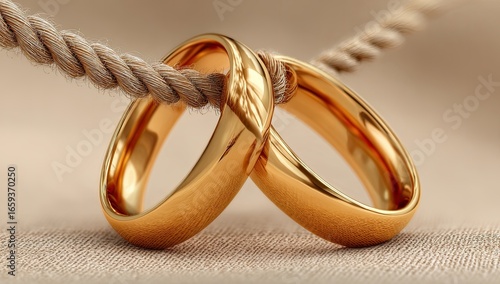 Two gold wedding bands, intertwined by a beige rope