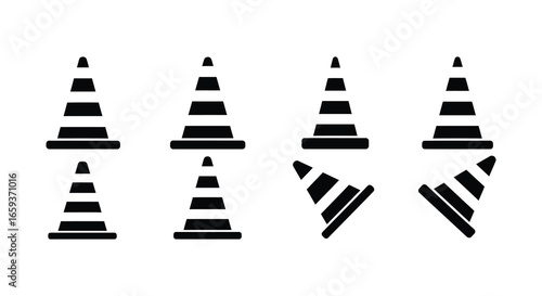 Collection of traffic cones in various orientations and states