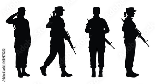Silhouettes of soldiers in various poses with weapons and uniforms