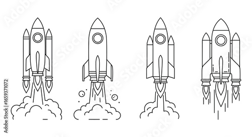 Four rockets launching into space with smoke and flames illustration