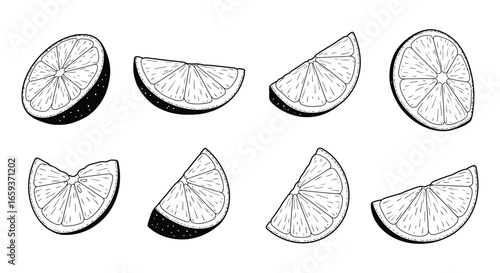 Lemon wedges in various orientations on a plain background