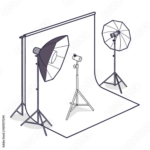 A professional photography studio setup.  Several black tripods with adjustable lighting stands and softboxes are arranged in a studio setting. The backdrop is a large, smooth, seamless white roll tha