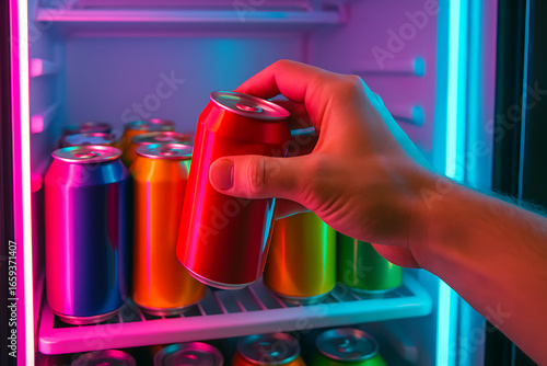 Hand Reaching for a Red Beverage Can from a Lit Refrigerator in a Supermarket