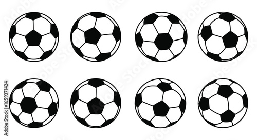 Eight black and white soccer balls on a plain white background