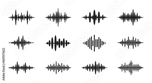 Collection of various sound wave patterns and audio signal icons