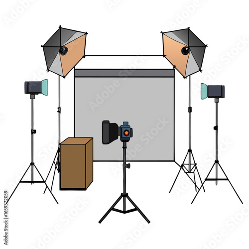 A professional photography studio setup.  Several black tripods with adjustable lighting stands and softboxes are arranged in a studio setting. The backdrop is a large, smooth, seamless white roll tha