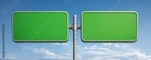 Two blank green road signs on a pole against a clear blue sky, suggesting space for directional or informational content.