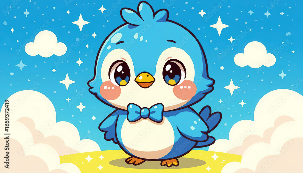 Fototapeta premium A charming cartoon bird character with bright colors, playful details, and an expressive, cheerful style. Designed with a cute and friendly appearance, this illustration is perfect for children’s book