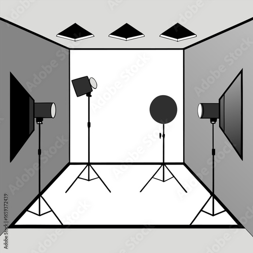 A professional photography studio setup.  Several black tripods with adjustable lighting stands and softboxes are arranged in a studio setting. The backdrop is a large, smooth, seamless white roll tha