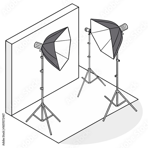 A professional photography studio setup.  Several black tripods with adjustable lighting stands and softboxes are arranged in a studio setting. The backdrop is a large, smooth, seamless white roll tha