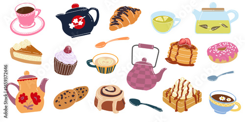 Cute teapots, cups and desserts. Kettles, mugs with vintage pattern. Doodle teacups. Hand-drawn infusers with tea, hot sweet drinks, coffee beverage. Vector kitchenware cartoon isolated illustration