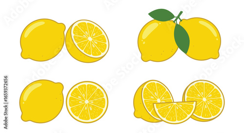 Lemons and lemon slices in different arrangements on white background