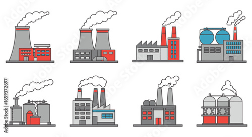 Various industrial factories and buildings with smokestacks and chimneys emitting smoke