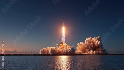 Rocket launch at dawn over water