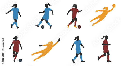 Women playing soccer in various poses and uniforms on white background